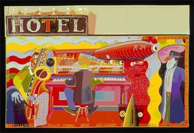 The Camouflaged Piano or French Roundels (1965-66). Oil on plywood with hotel sign and incandescent lights, 183 x 301.5 x 13 cm. National Gallery of Canada. The Estate of Greg Curnoe 