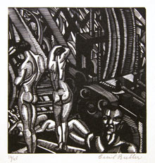 Cecil Buller Man–Machines (1924), wood engraving on wove Japan paper, Carleton University Art Gallery, Gift of Dr. Sean Murphy, 2007.